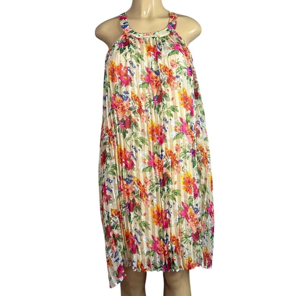Gianni Bini Floral Accordian Pleat Sleeveless Dress Back Cross Strap Size Small